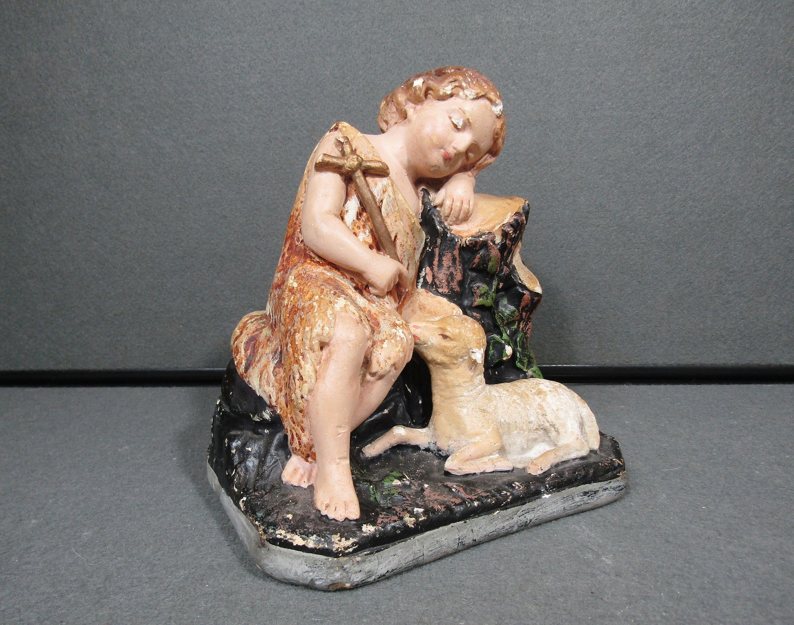 Antique Chalkware Baby St John the Baptist Lamb Cross Statue 7.5"