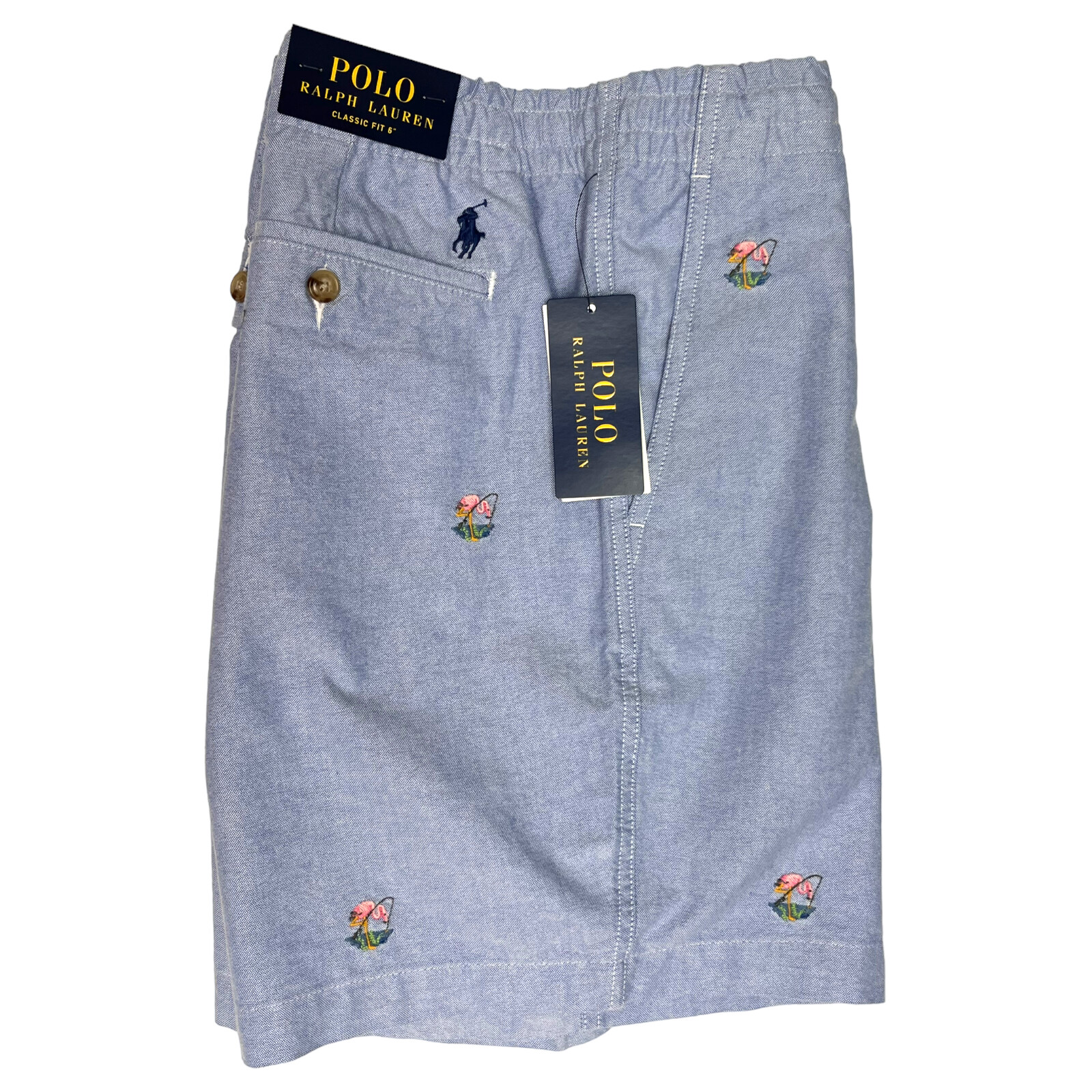 Polo Ralph Lauren Classic Fit 6" Oxford Short Flamingo Embroidery Blue $125 NOLA