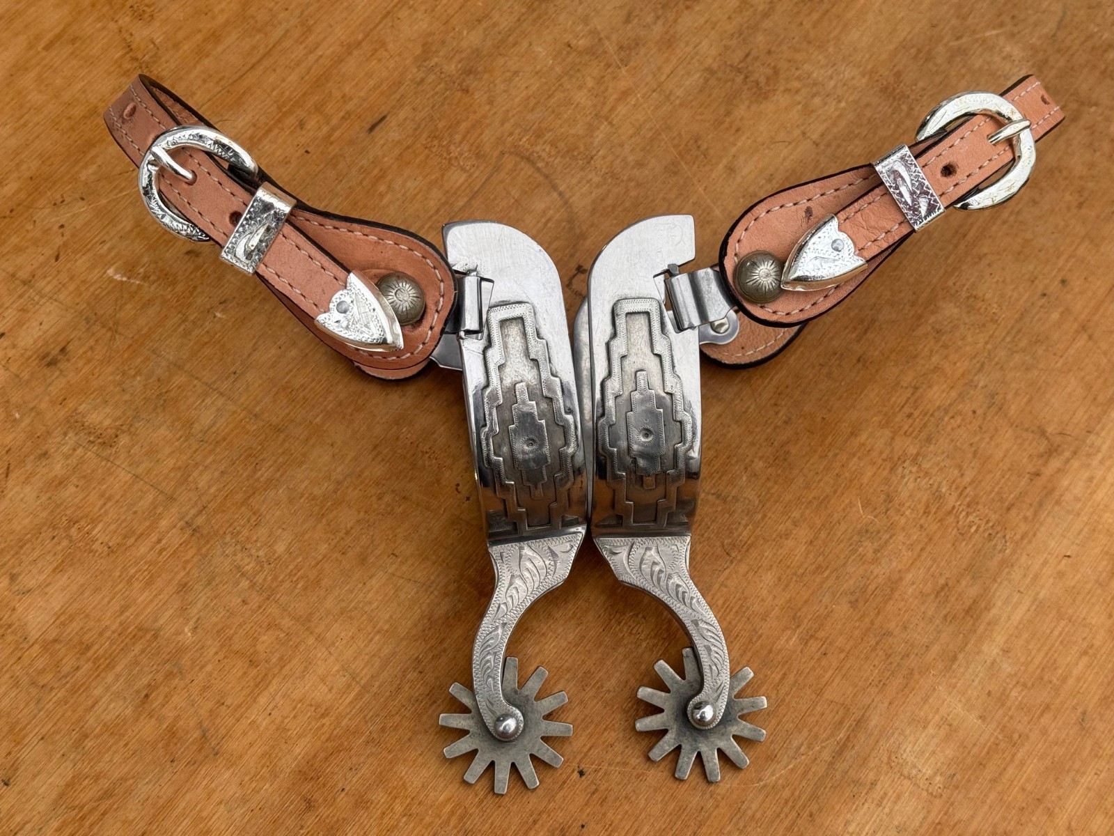 Stainless Steel Silver Mounted Western Show Spurs w Light Oil Straps