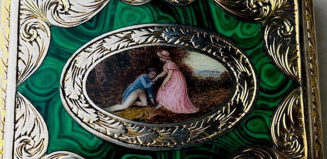 German Parcel Gilt 800 Silver & Enameled Rectangular Snuff Box w/ Courting Scene
