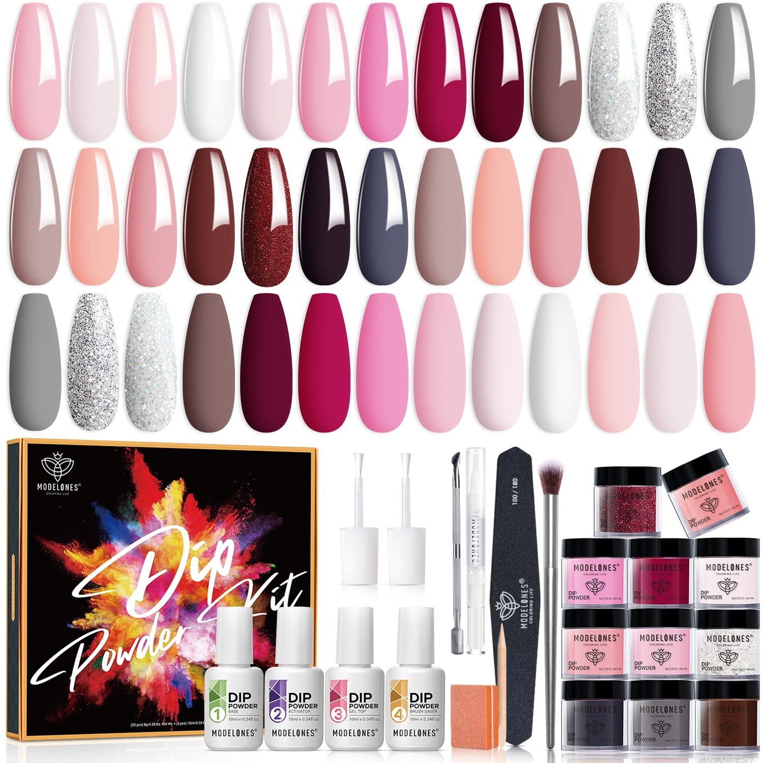 Modelones 32 Pcs Dip Powder Nail Kit Starter 20 Colors Nude Pink Acrylic Set NEW