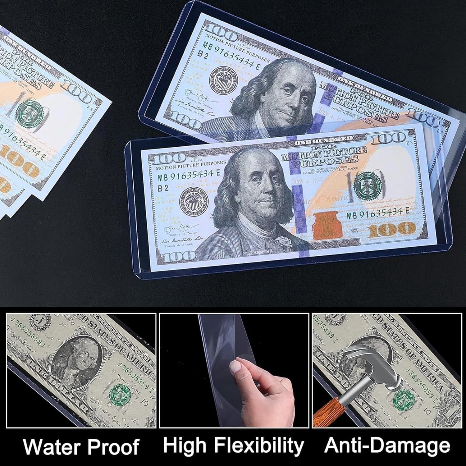 16 Pack Dollar Bill Sleeves, 6.8" x 2.9" Banknotes Top-Insert Holders, Hard...