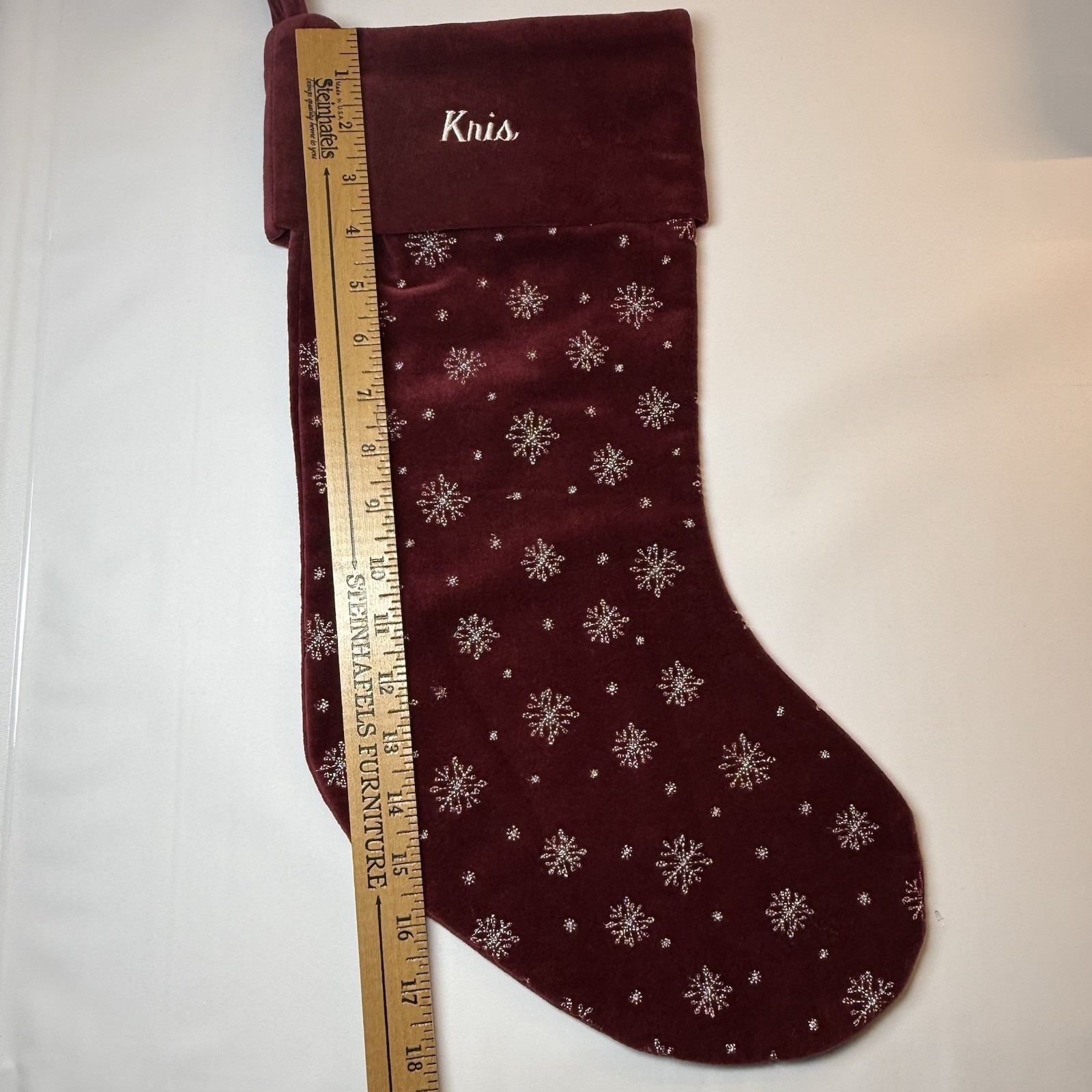 Lands End Burgundy Christmas Stocking Snowflakes Velvet Embroidered Name KRIS
