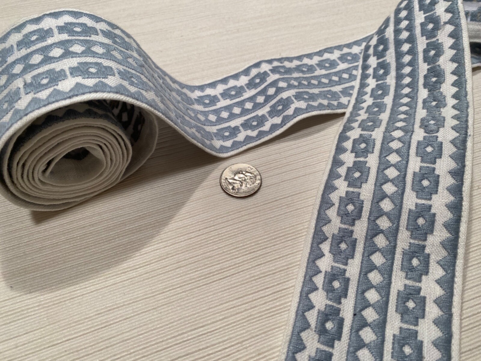 SCHUMACHER 79920 Talitha Tape Sky 85% Linen Embroidered Passementerie Trim BTY