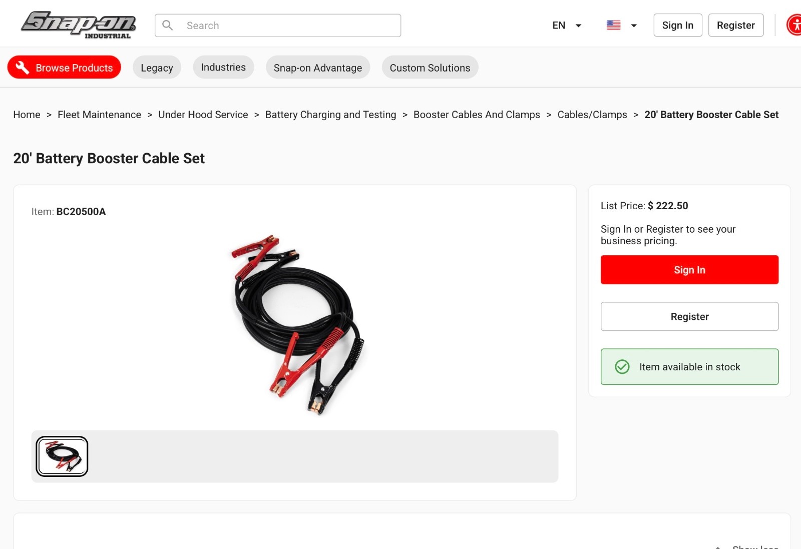 Snap-On 20' Jumper cables with Waxed Canvas Cable Bag, BC20500A