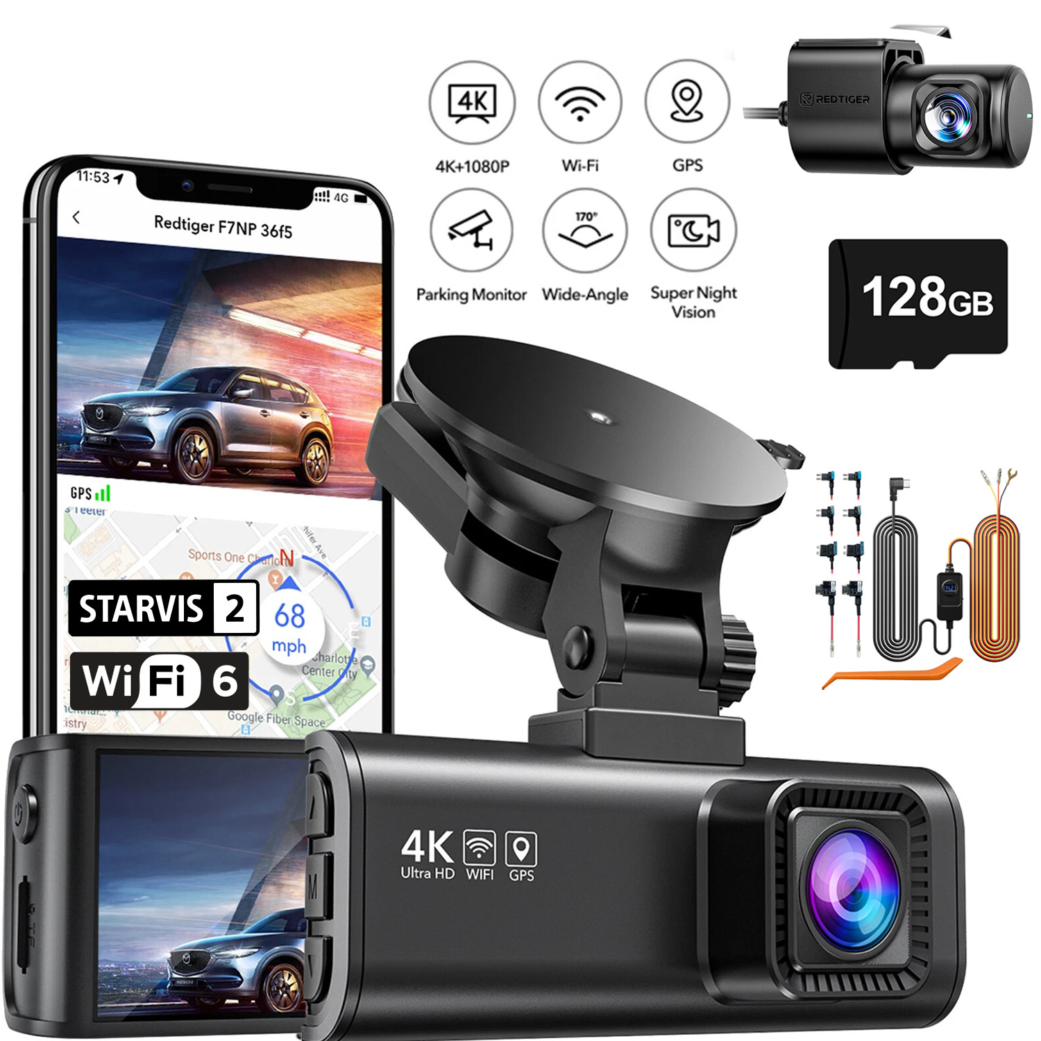 REDTIGER F7NP 128GB Card Front and Rear 4K Dash Cam with Hardware kit WIFI 6
