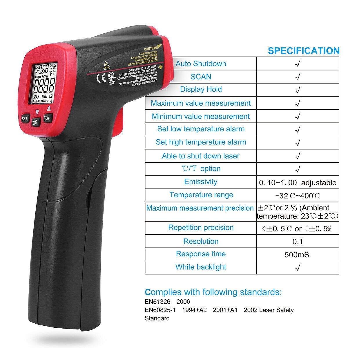 Infrared IR Digital Thermometer Non-contact Temperature Gun 400°C Toplia TM300S