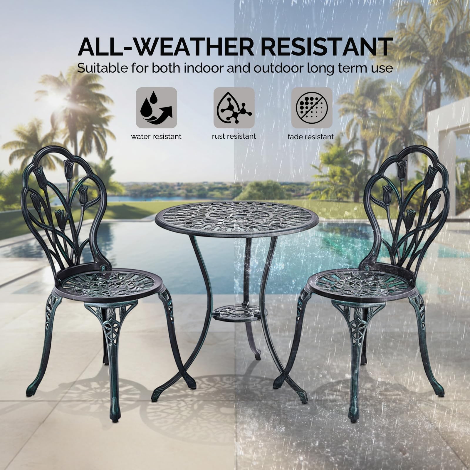 Patio Table and Chairs Set, Cast Aluminum Outdoor Cafe Table and Chairs Set of 3