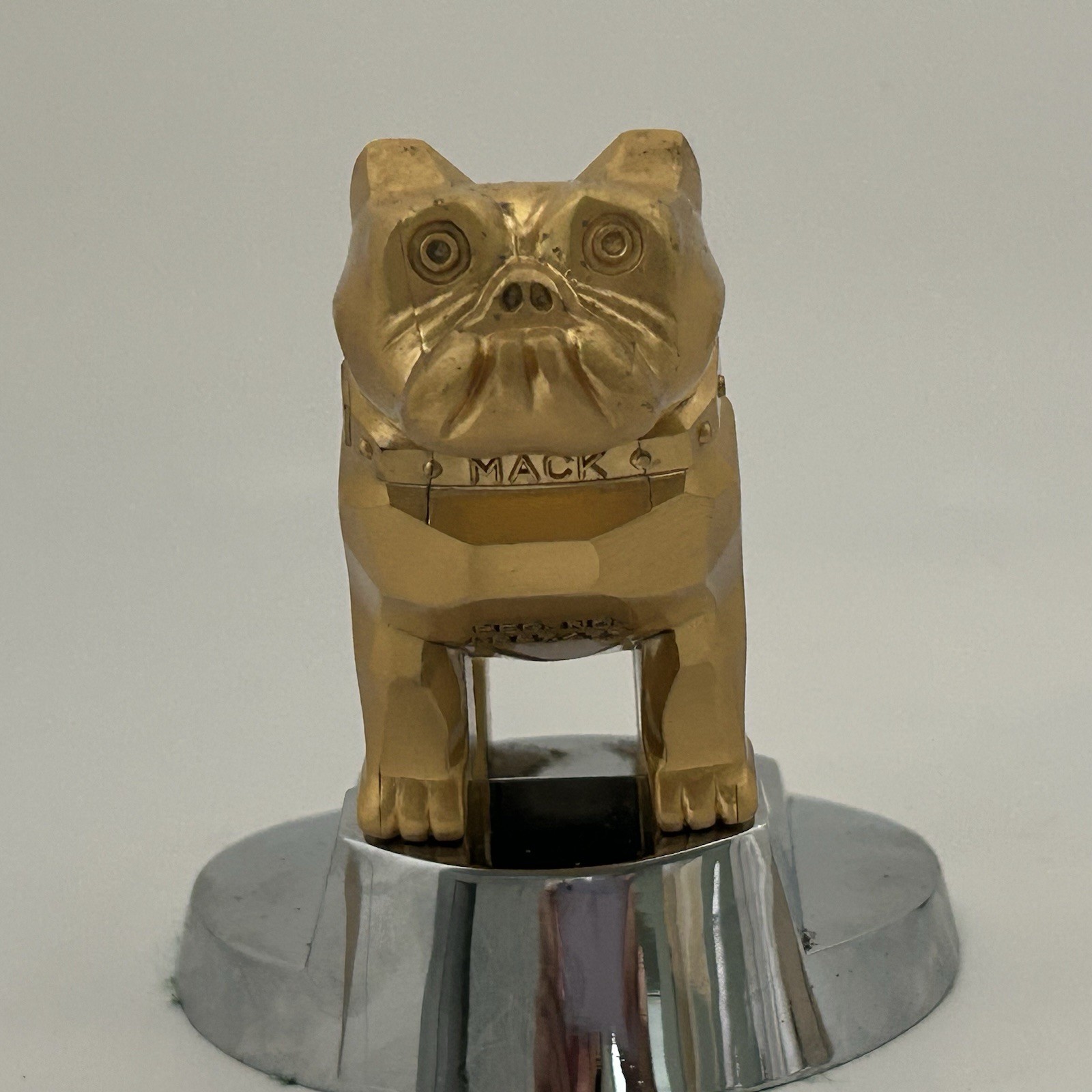 Vintage Mack Truck Bulldog Hood Ornament Gold Brass Chrome Base Old Emblem