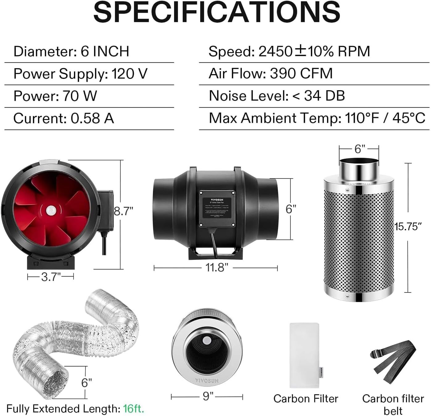 VIVOSUN 4/6/8in Air Filtration Kit,Carbon Filter+Inline Fan+Ducting Speed Contro