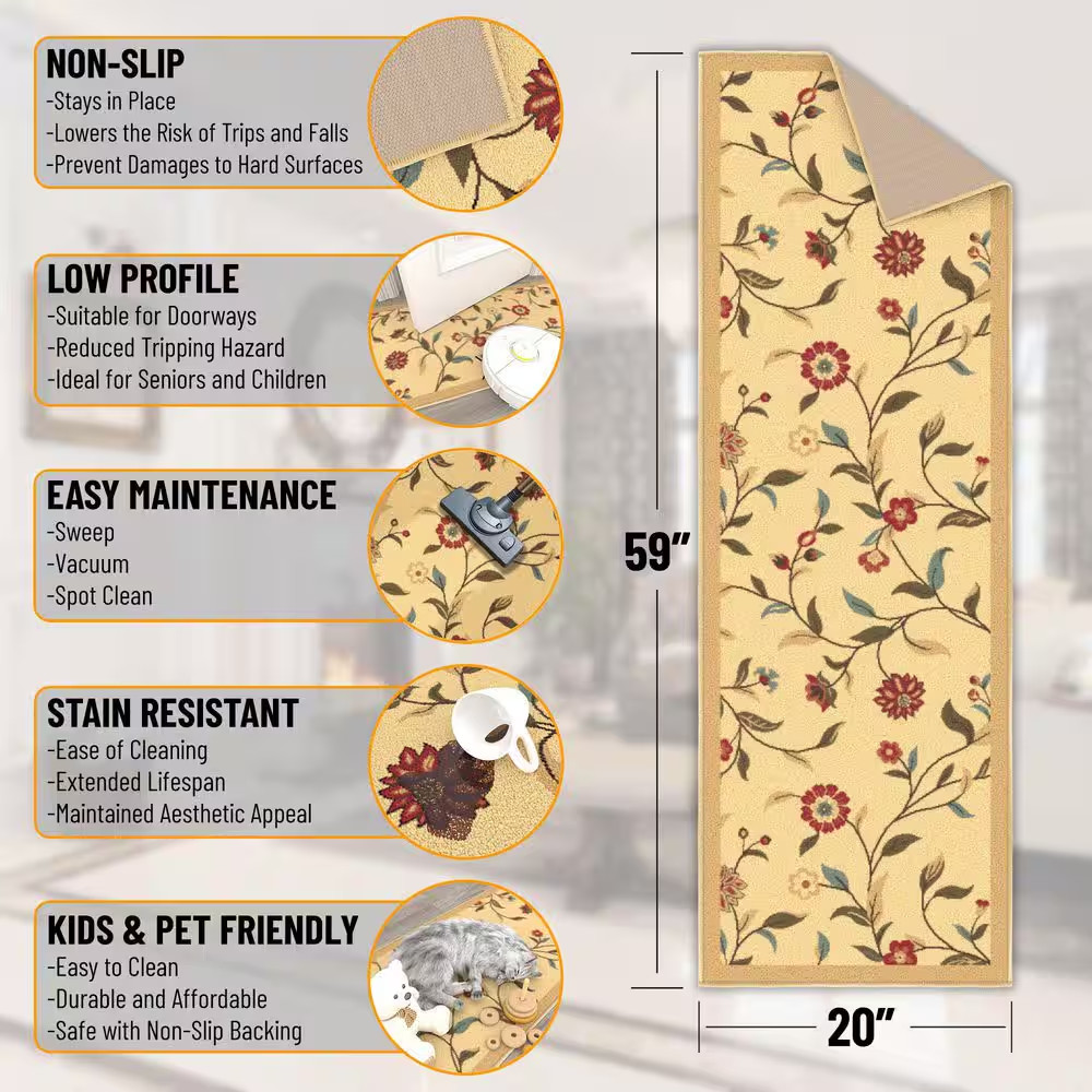 Ottohome Collection Non-Slip Rubberback Floral Leaves 2X5 Indoor Runner Rug, 1 F