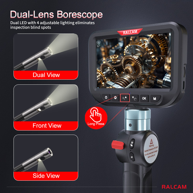 Ralcam Dual Lens Articulating Borescope 5" Endoscope Inspection Camera 5FT Semi