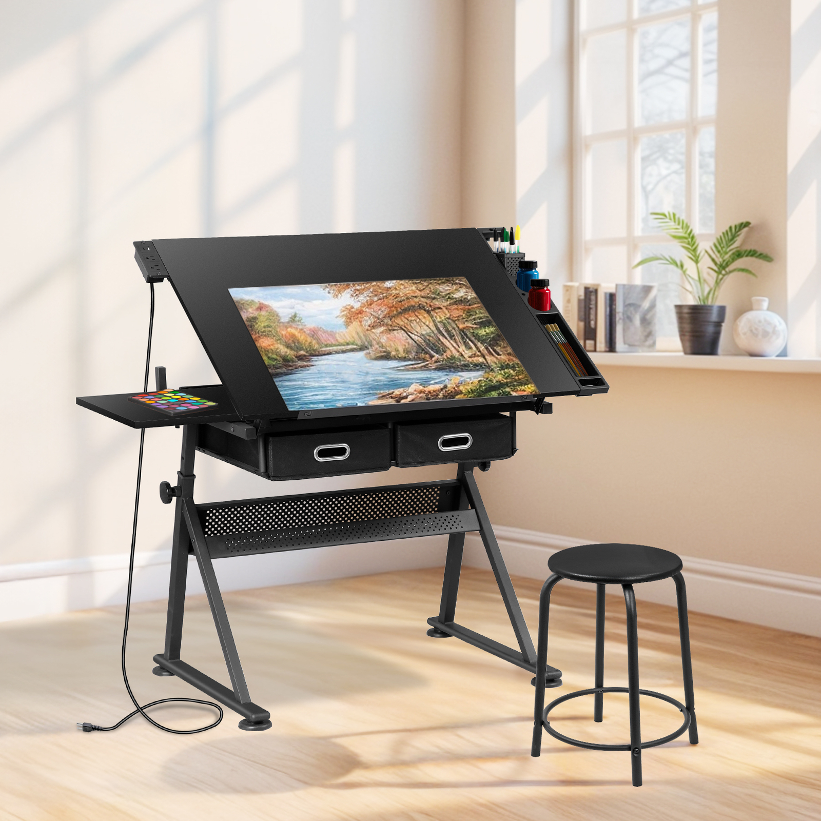 Drafting Table Drawing Desk Adjustable Tabletop w/Charging Station & Stool Black