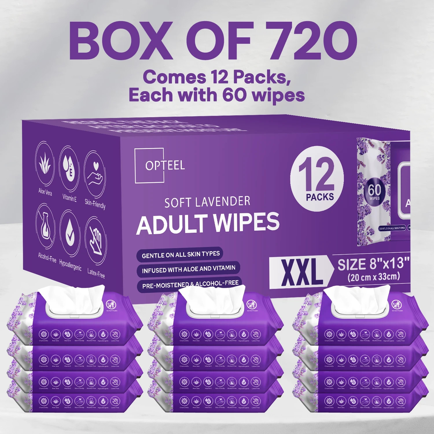 Adult Wipes For Elderly Soft Lavender - 8x13" 720ct (Too Large,Not-Flushable)
