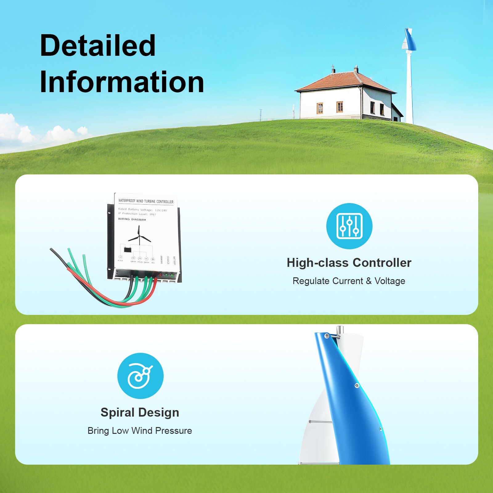 2-Blade Vertical Axis Wind Turbine Generator Power Turbine w/Controller 12V