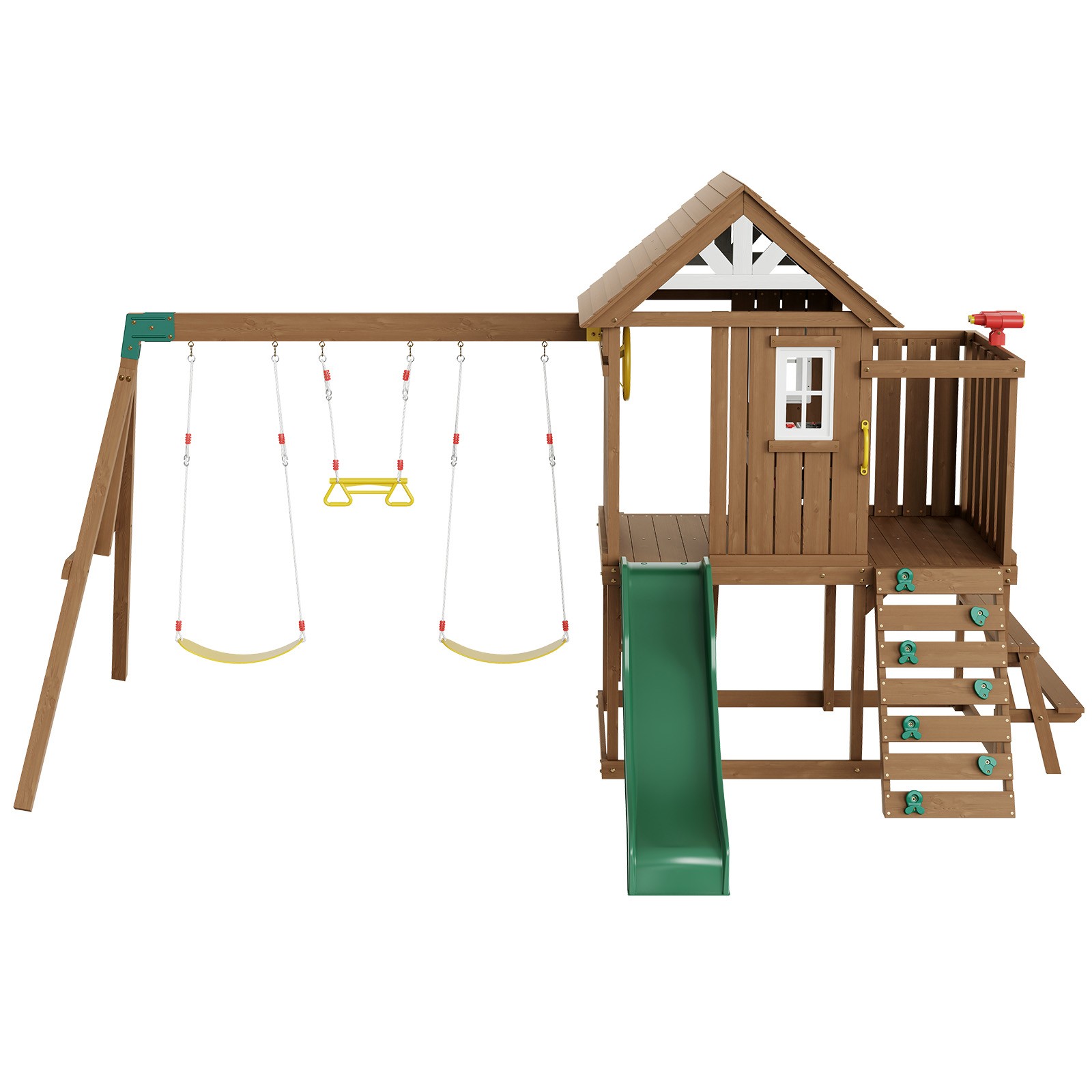 Wooden Swing Set 9 IN 1 Outdoor Playground Sets 6 FT Slide Upper Fort