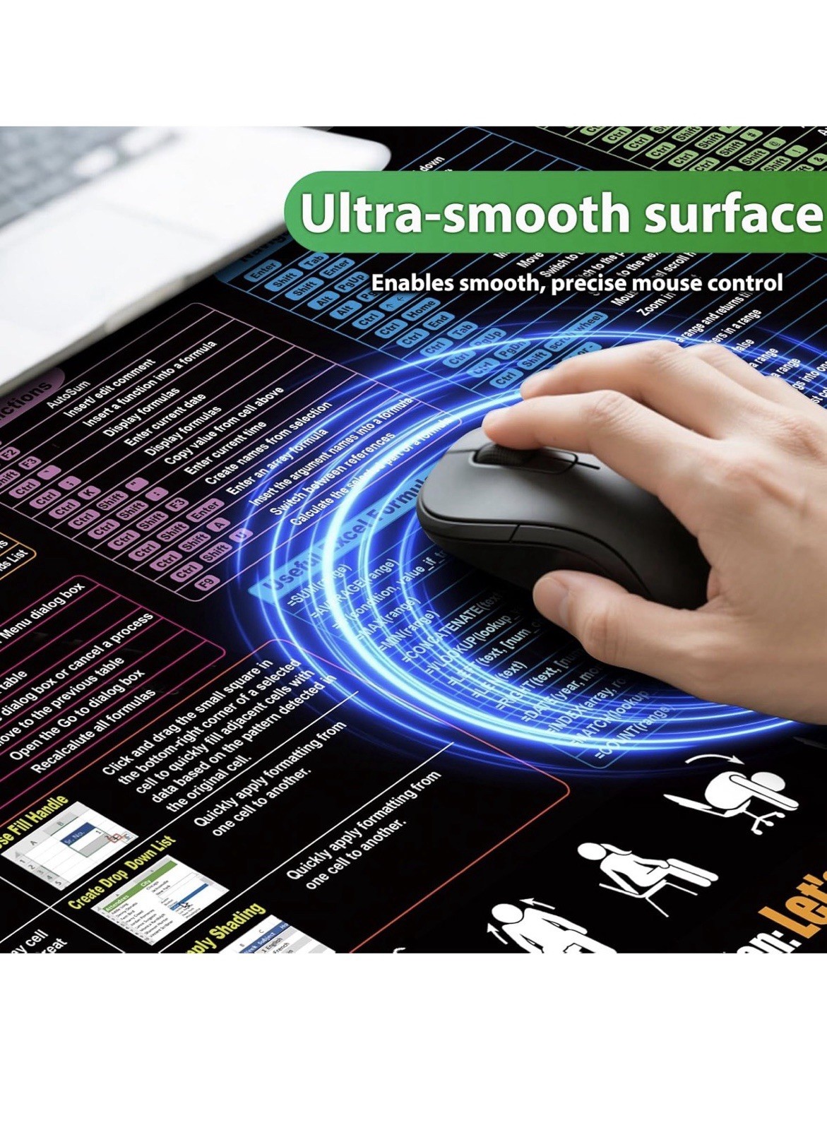 Excel Cheat Sheet Desk Pad, Updated Shortcuts Mouse Pad (31.5"X11.8") | Keyboard