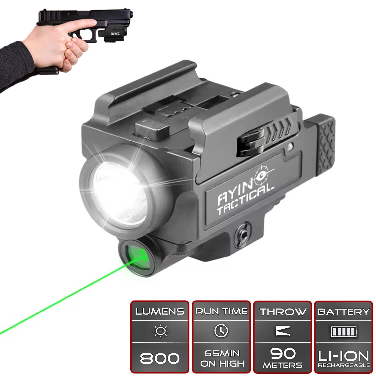 800 Lumen LED Pistol Light with Laser, Rechargeable, Quick Detach Mount - AYIN
