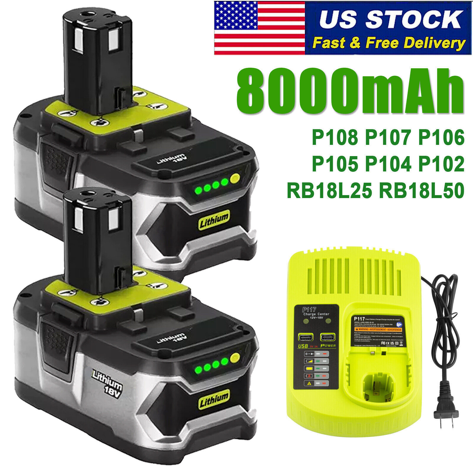 8.0Ah 18Volt For RYOBI P108 18V For One+ Plus High Capacity Lithium Ion Battery