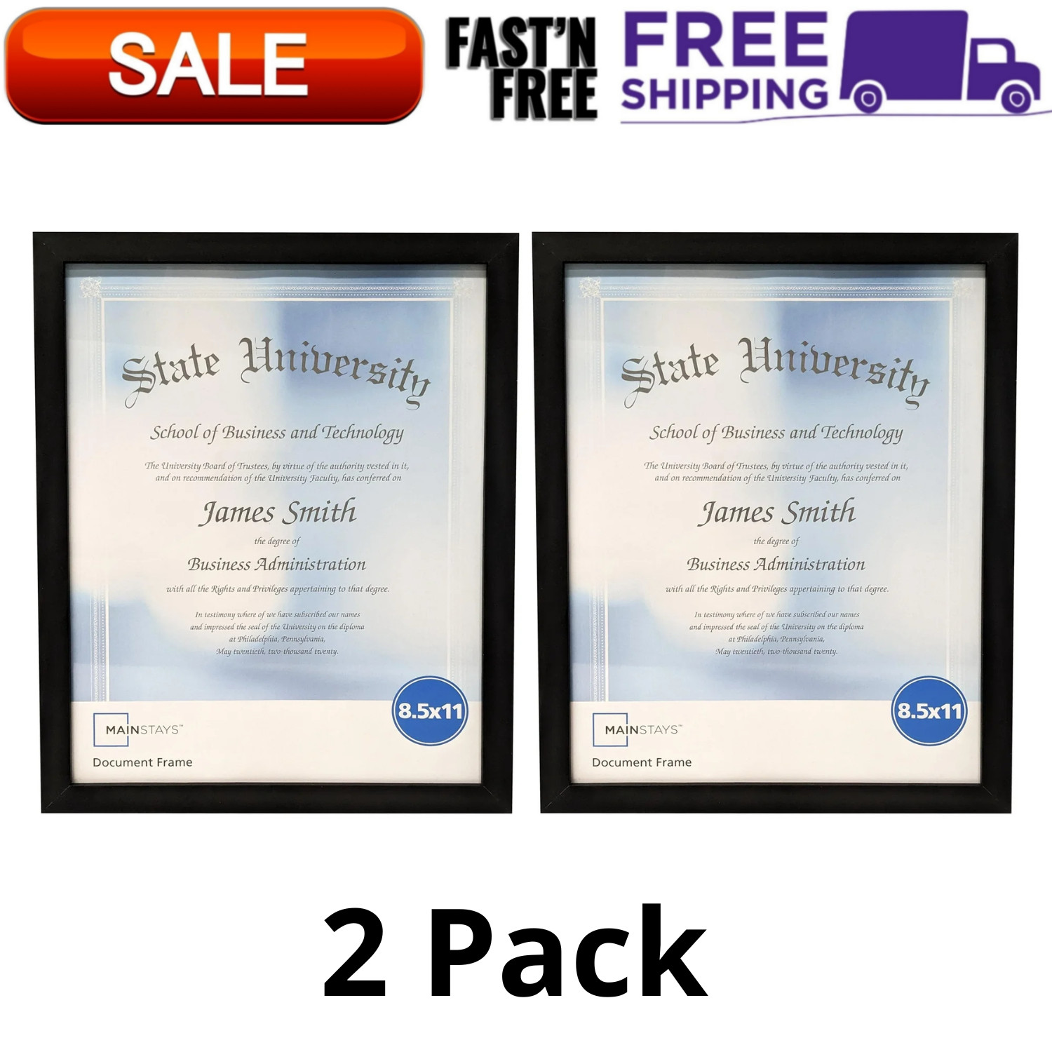 (2 Pack) 8.5x11 Document Picture Frame Certificate Wall Home Office Decor, Black