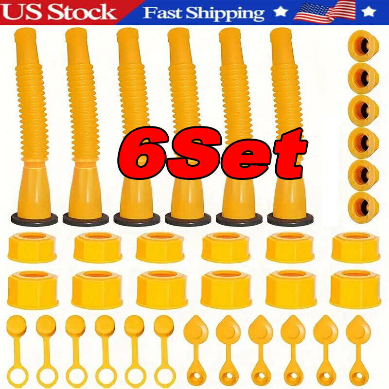 Old Style Gas Can Spout Replacement w/Tough Nozzles Screw Collar Vent Caps 6 Kit