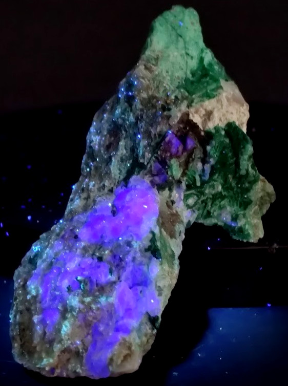 Green Fibrous Malachite w/ Pale Bluish UV Fluorite Mineral Specimen - Somers CT