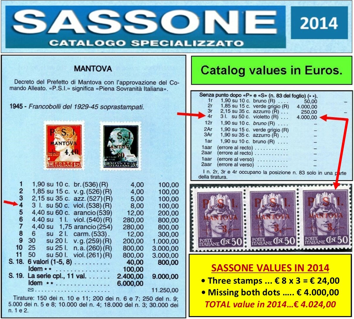 PSI MANTOVA CLN - 3 excellent rare stamps - 1 very rare typeset freak 1945 (159)