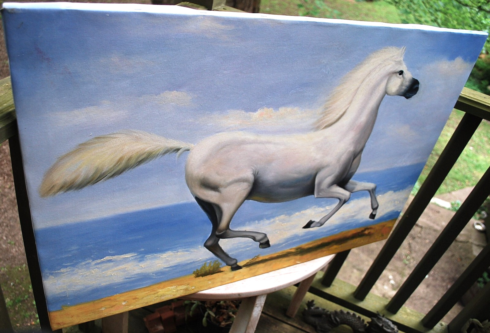 HORSE RUNNING ALONG OCEAN Original Art ACRYLIC PAINTING/CANVAS Signed 36" x 24"