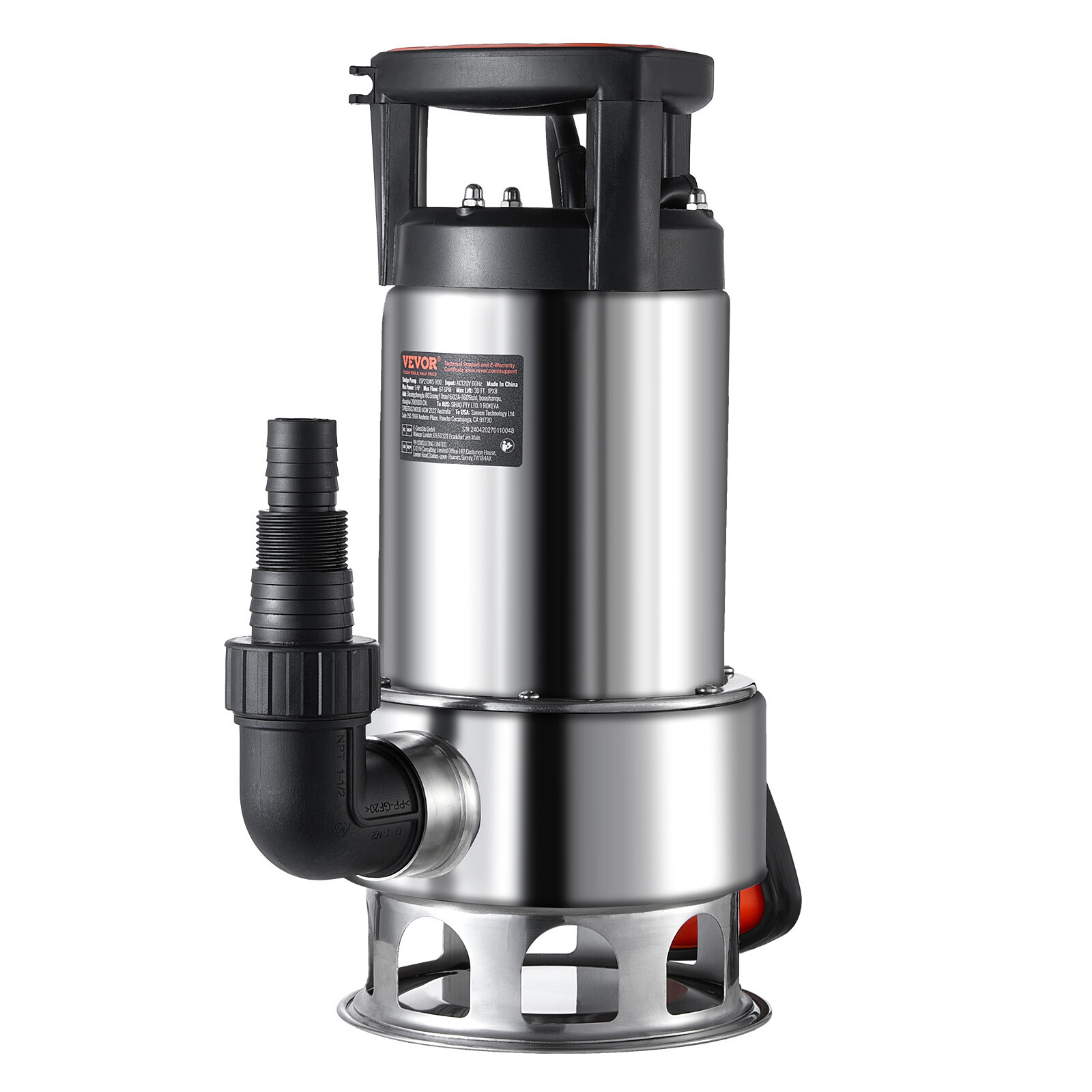 VEVOR 1HP Submersible Sump Pump 4020GPH 30FT Stainless Steel Automatic Switch