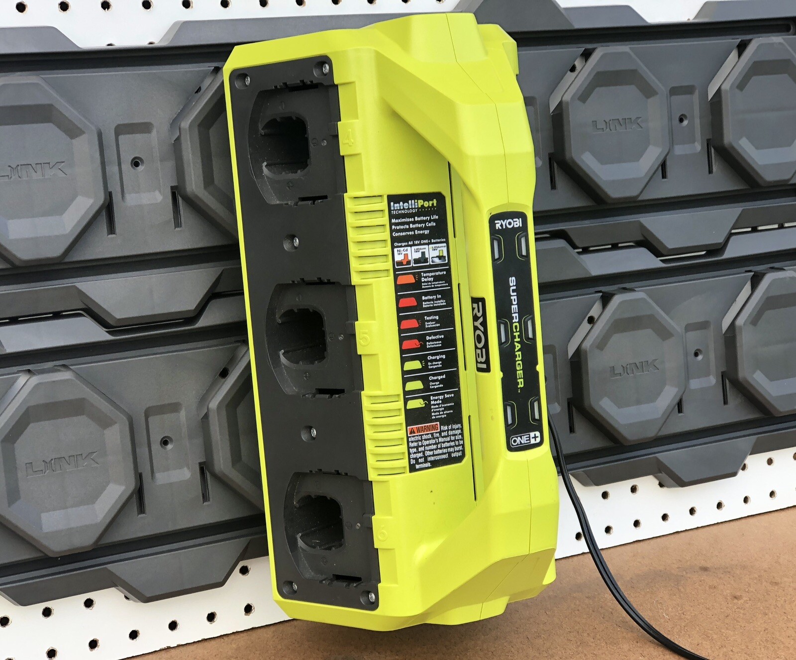 Large Ryobi Charger Holder for Ryobi Link Wall Rail garage organizer