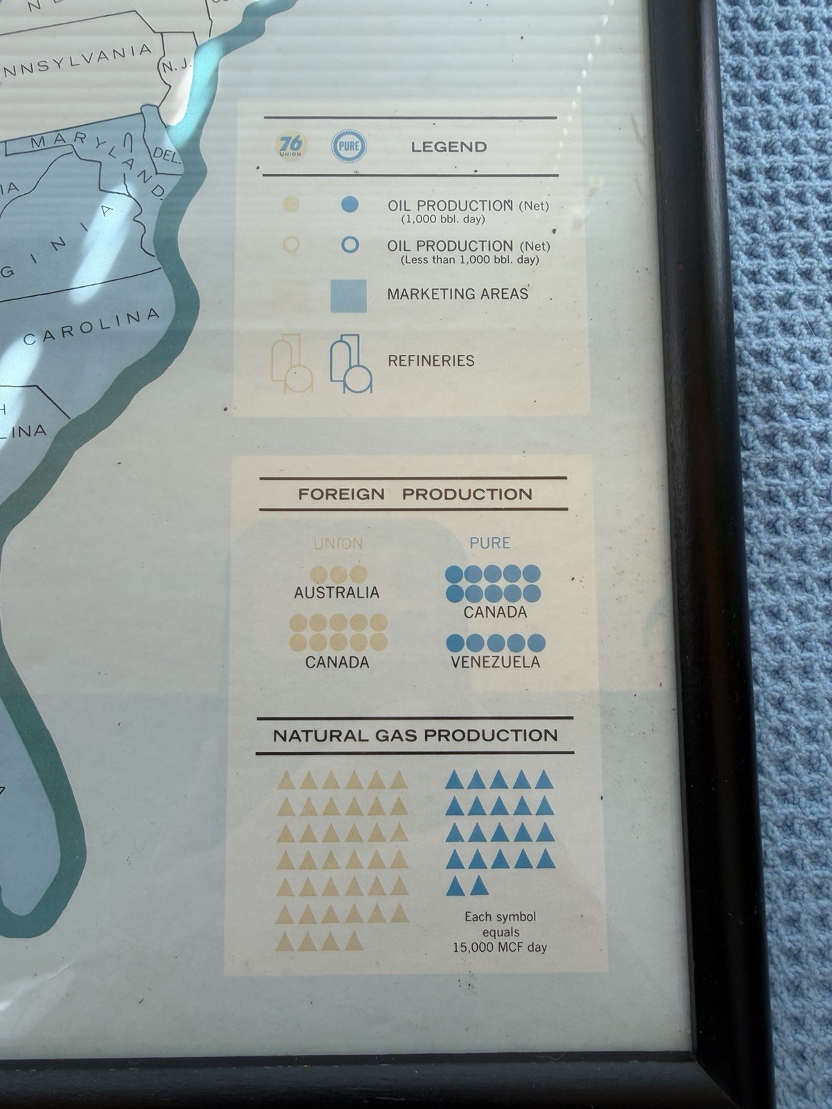 ANTIQUE UNION 76 OIL PRODUCING & MARKETING AREA REFINERIES FRAMED U.S. MAP