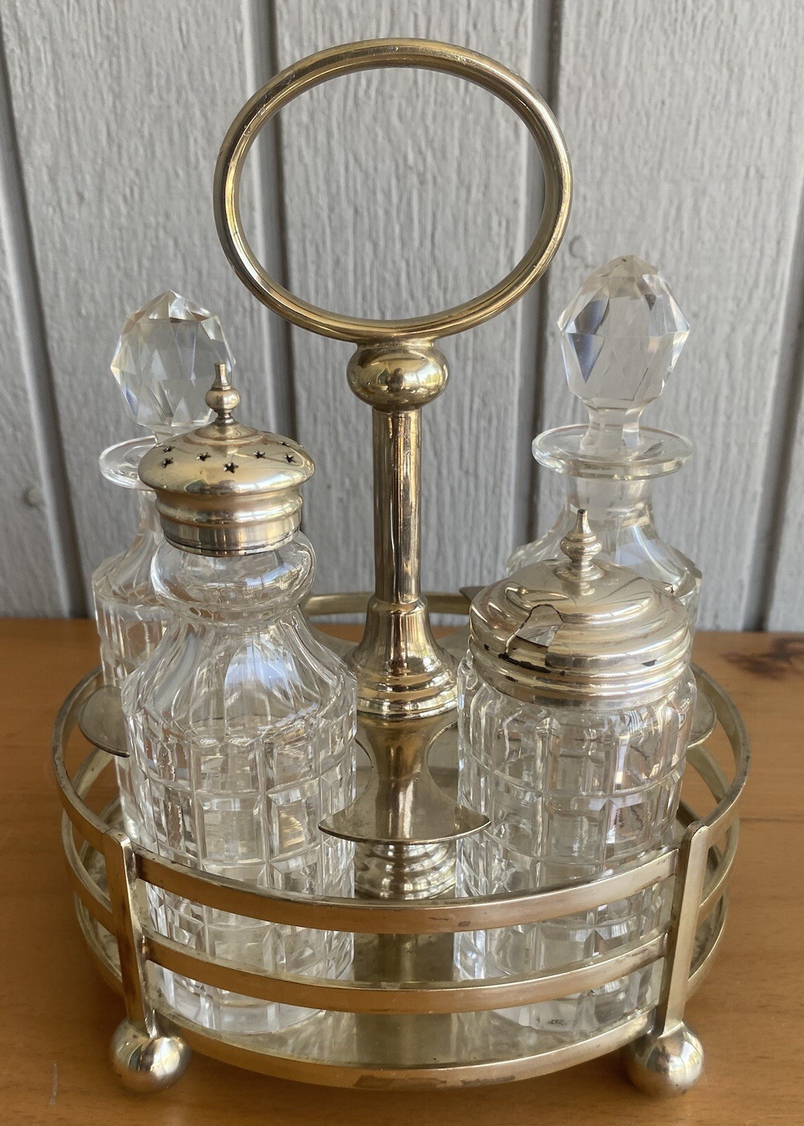 1887 Walker & Hall Victorian Silver Plate Antique Cut Crystal 6 pc Cruet Set