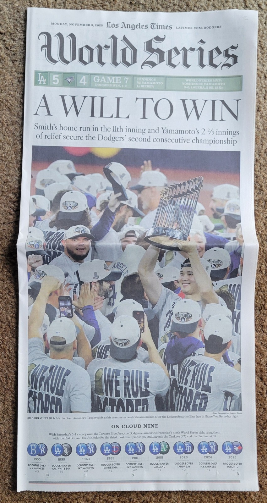 LOS ANGELES TIMES NOV 3, 2025 NEWSPAPER LA DODGERS WORLD SERIES CHAMPIONS MOOKIE