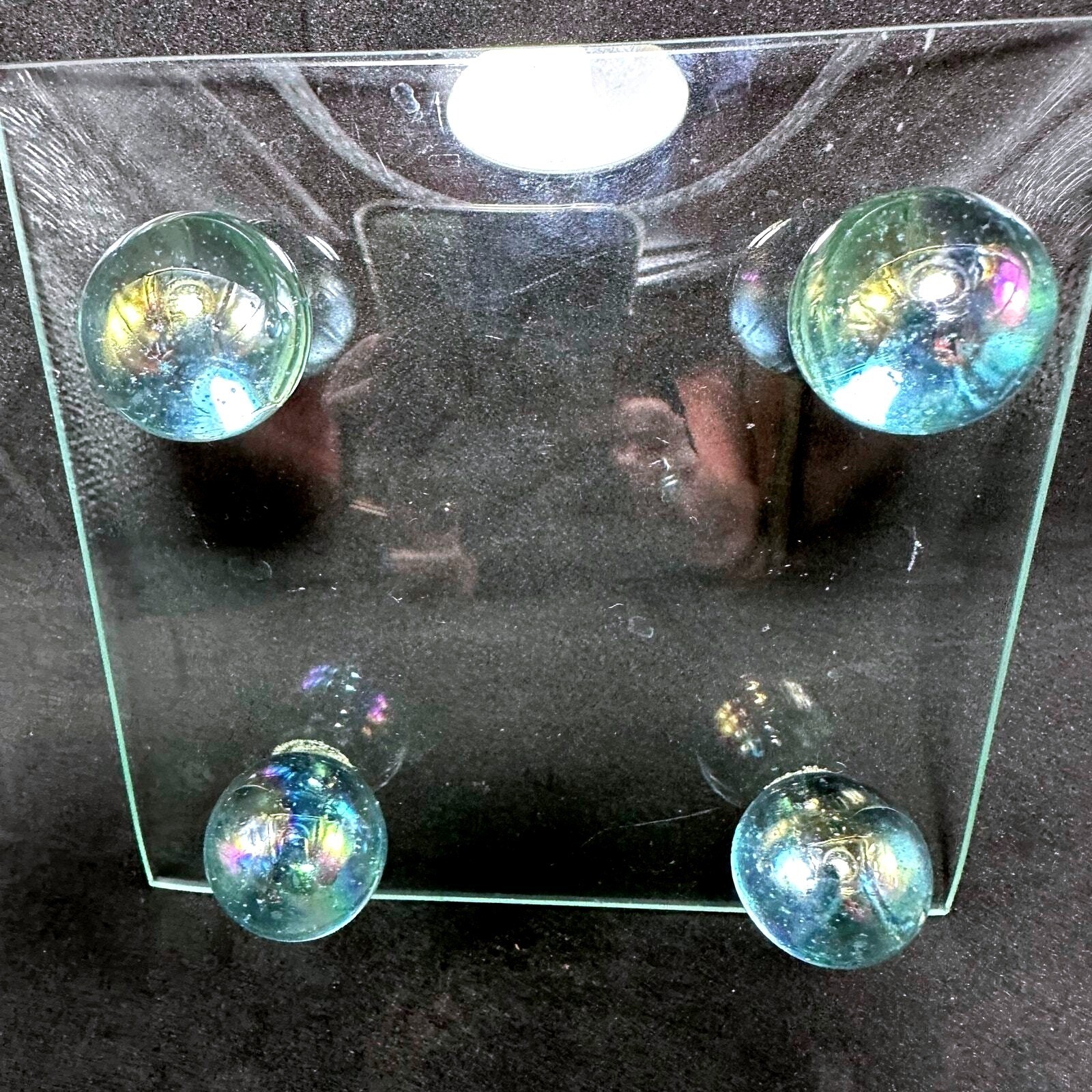 Glass Square Tray with Four Iridescent Orb Feet Decorative Display Stand