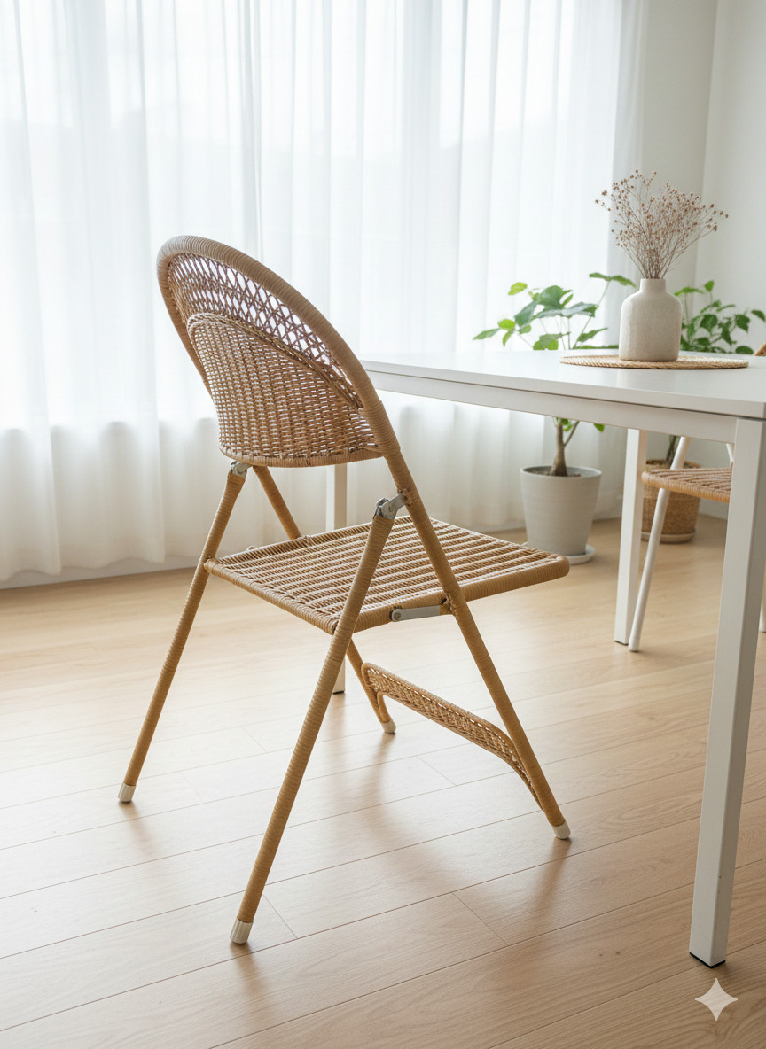 Antique White Wicker Folding Chairs Set of 2 for Home Office, Metal Frame