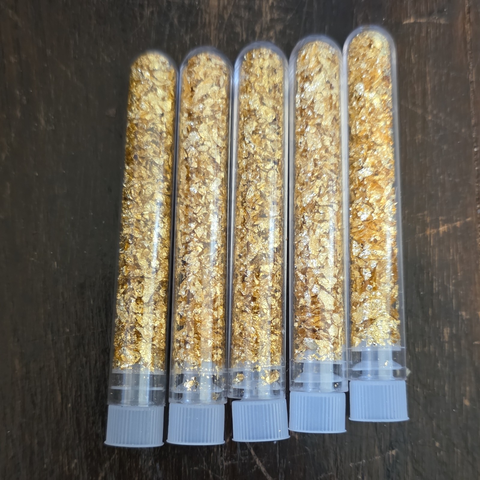 Gold Flakes Real Gold in Plastic Vials Set of 5 Collectible Display Bottles