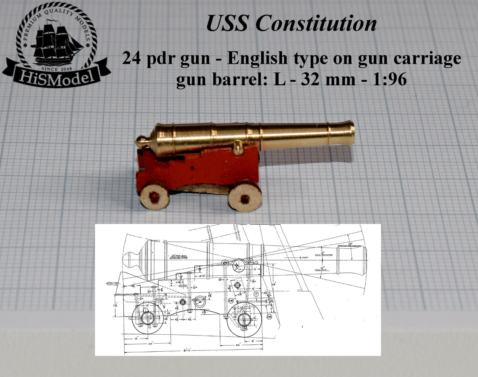 Revell USS Constitution, United States 1:96 - complete set of 53 brass cannons