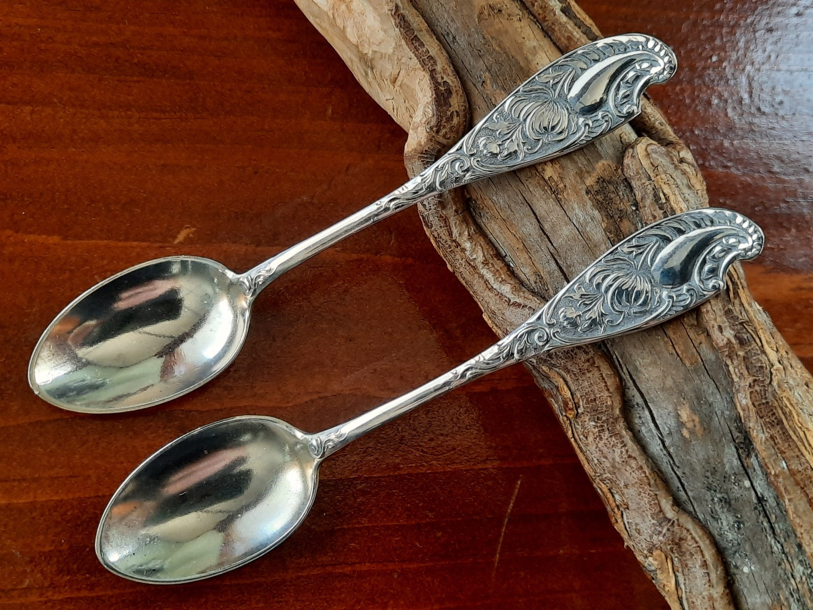 Pair Sterling Wood & Hughes Unknown Chrysanthemum Pattern Demitasse, No Mono