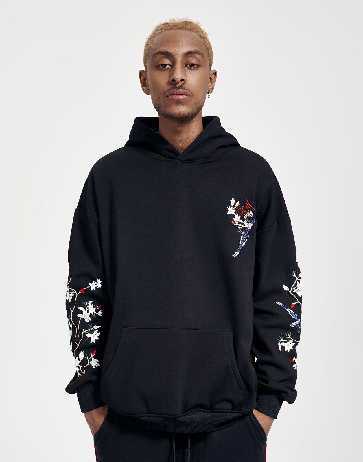 Niepce Birds and Flowers Embroidered Black Hoodie Japanese Streetwear Sweatshirt