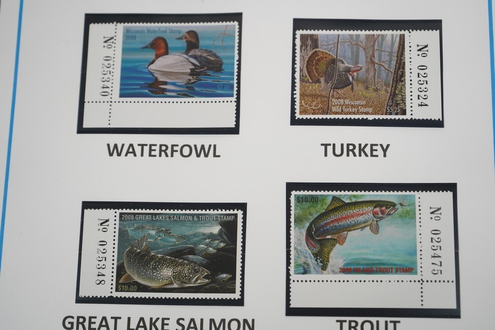 US 1970s-2010s COLLECTION OF 92 WISCONSIN STATE REVENUE STAMPS DUCKS & FISH