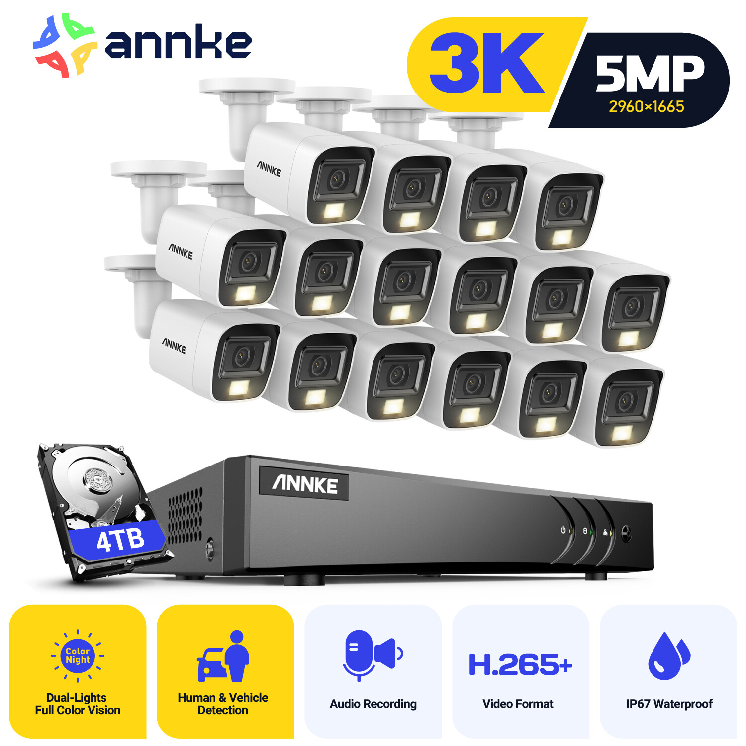 ANNKE 8CH 16CH DVR 5MP Audio Security Camera System Outdoor Color Night Vision