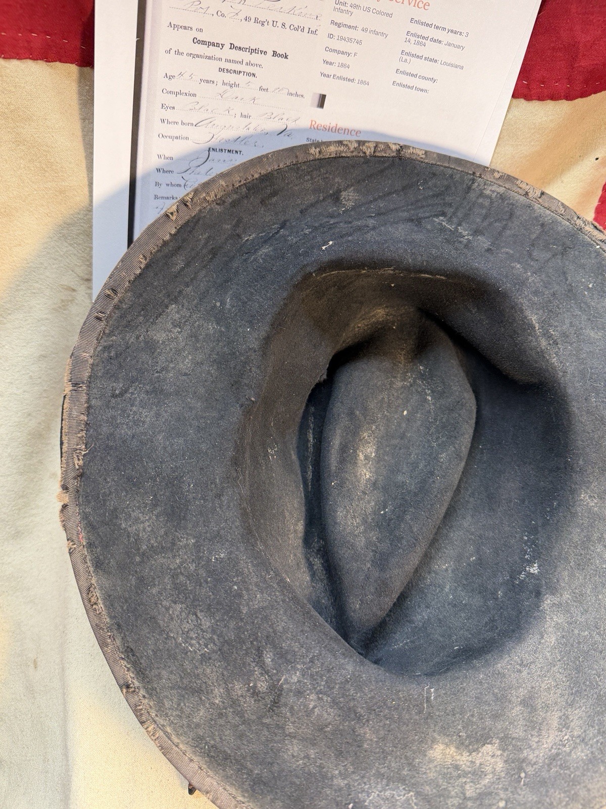 ID’D JOSEPH PERKINS CIVIL WAR 49TH COLORED TROOPS SLOUCH HAT CAP KEPI WITH PROV.