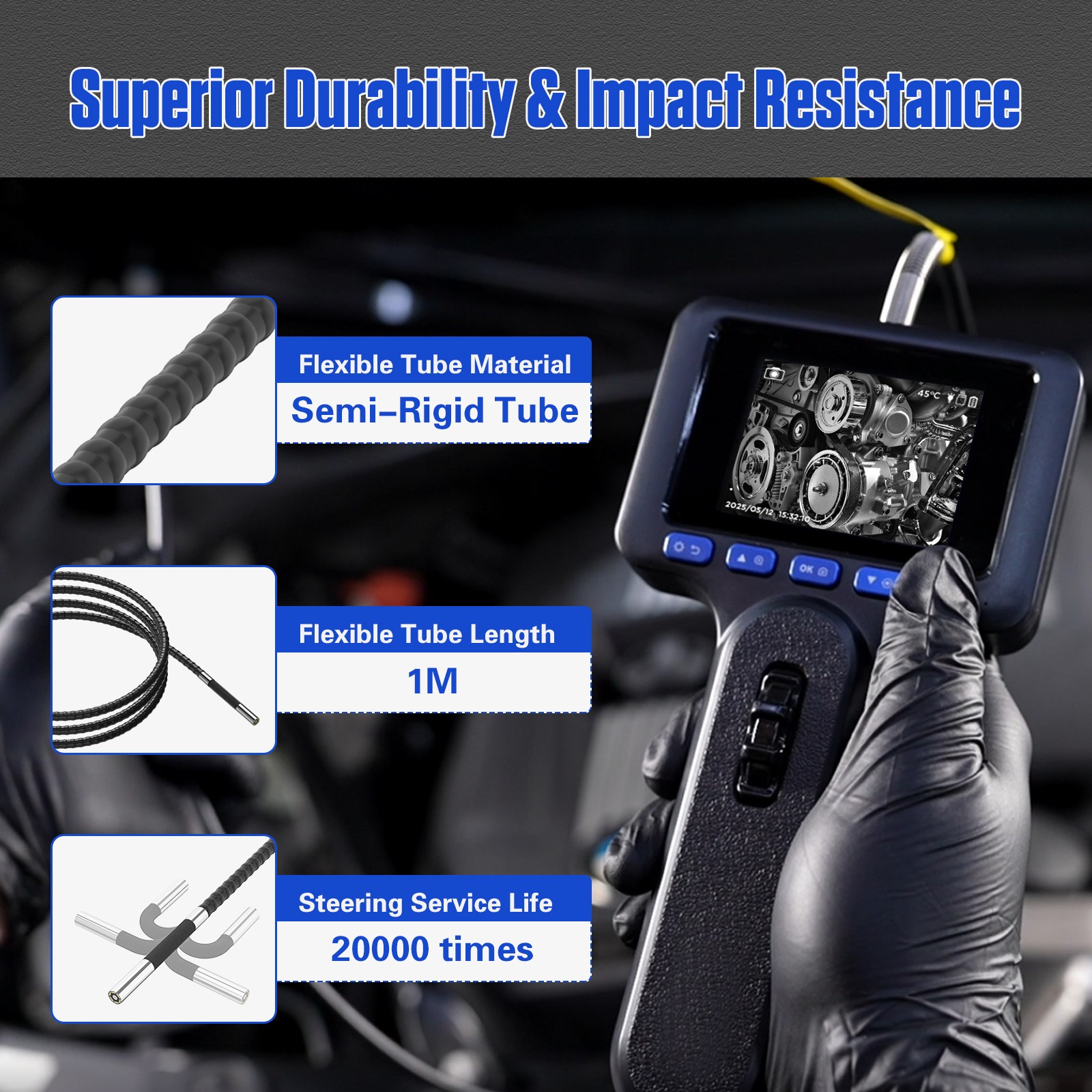 Industrial Camera 2 way 210° Borescope Endoscope with Lights Inspection Camera