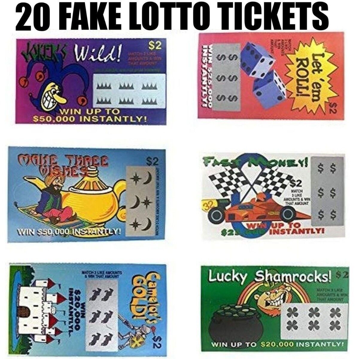 20 PHONY FAKE ALL WINNING SCRATCH OFF LOTTO LOTTERY TICKETS - Fun Gag Joke Prank