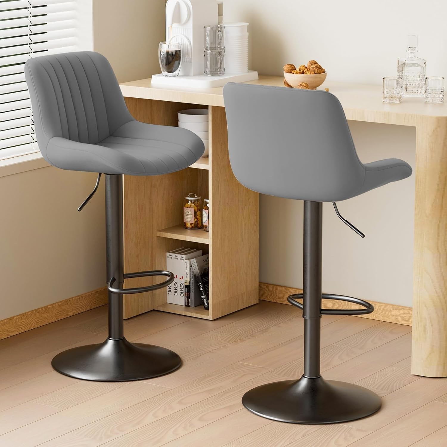 Set of 2 Adjustable Swivel Bar Stools with Backs Counter Height Dark Grey