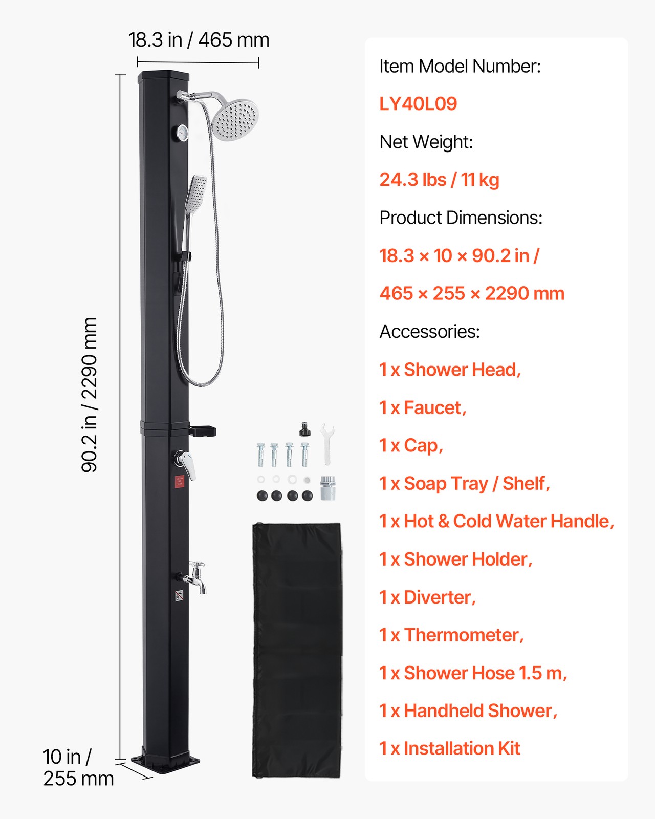 VEVOR 10.6 Gal Solar Heated Shower Handheld Foot Faucet Hot Cold Water