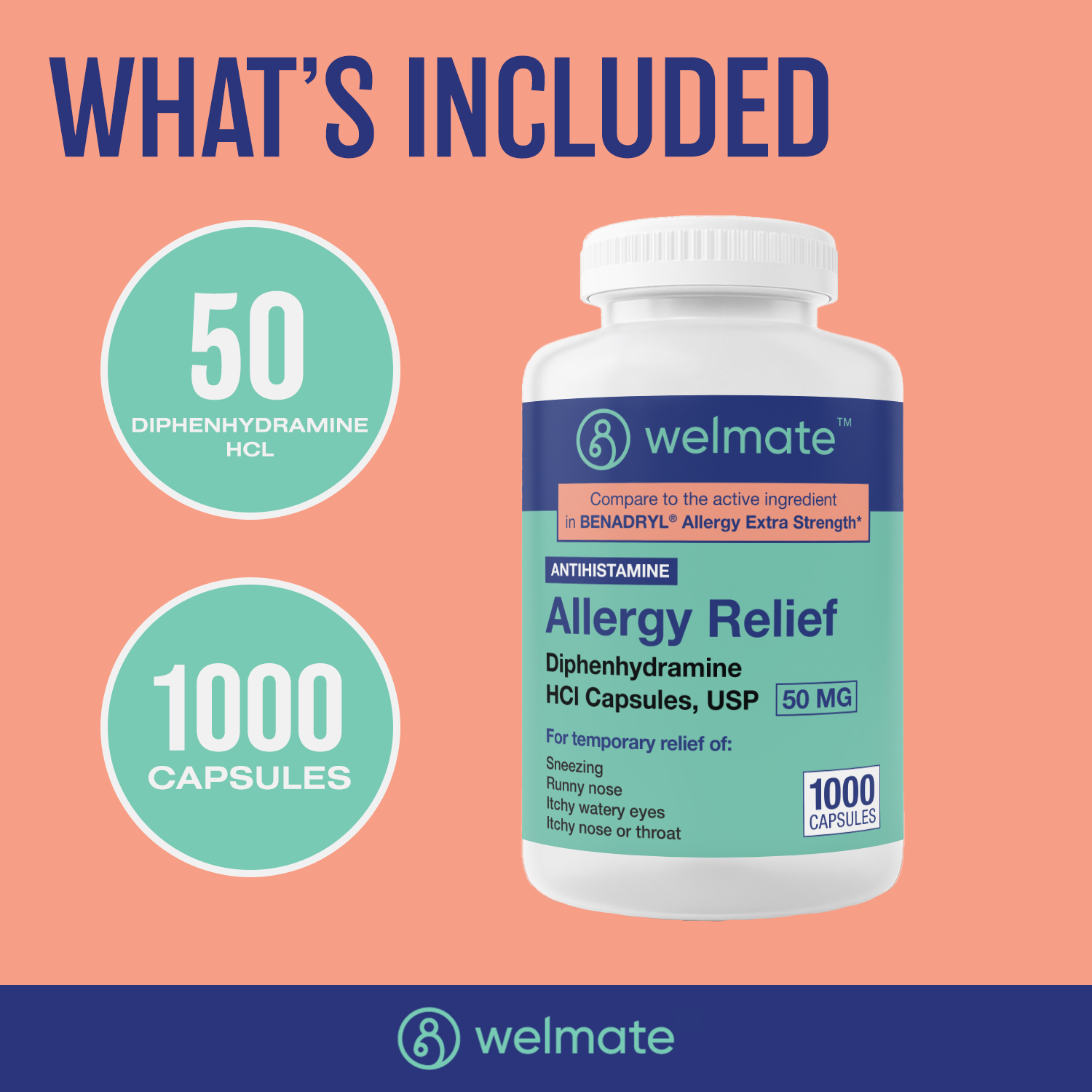 WELMATE Allergy Relief | Diphenhydramine 50 mg | 1000 Count Capsules