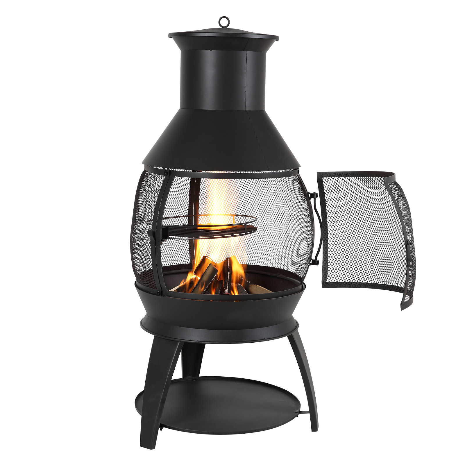 22 In Chiminea Outdoor Wood Burning Iron Firepit with Grill Mesh & Chimney Coat