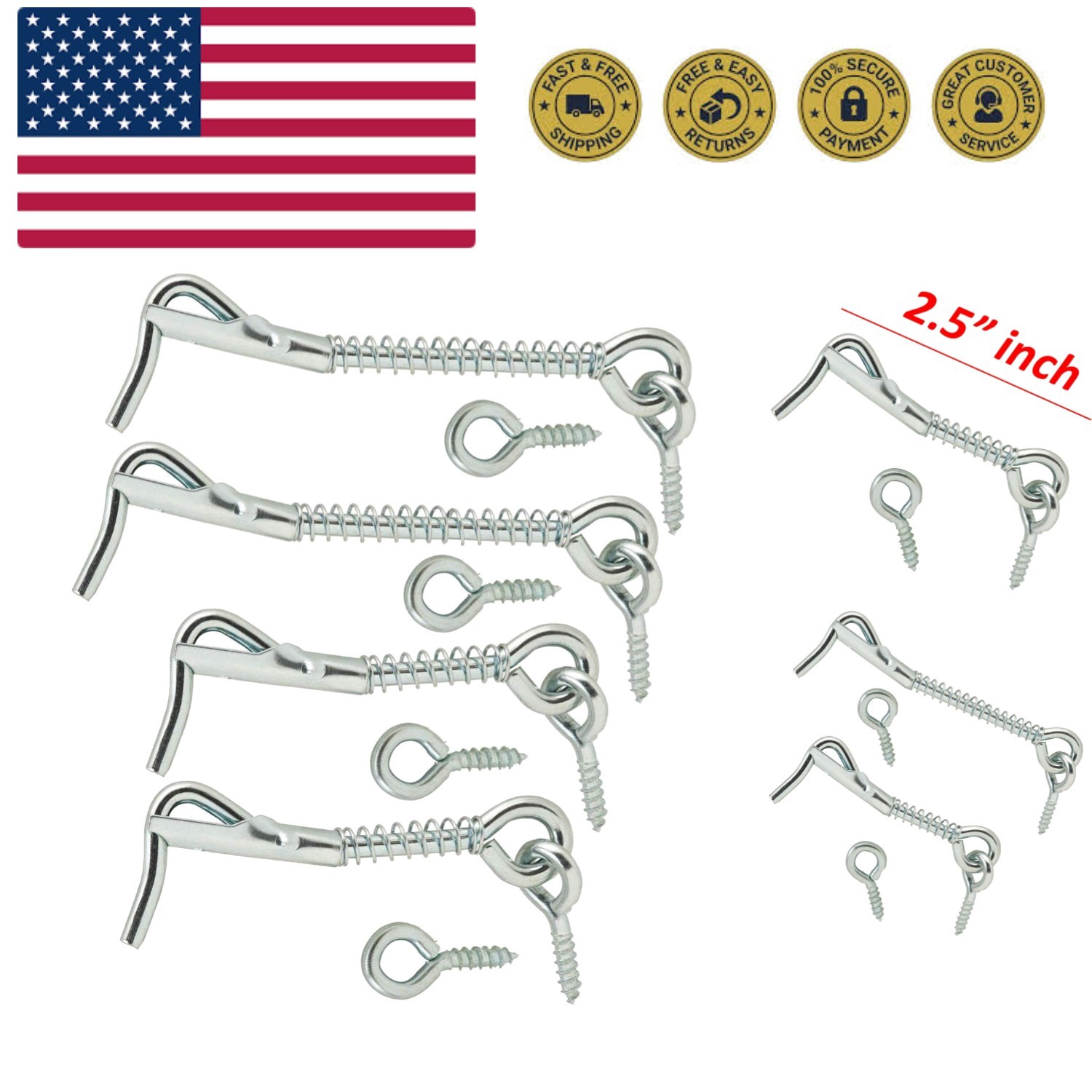 Zinc Plated Wire Gate Hook and Eye Latch with Spring Lock Pack of 4