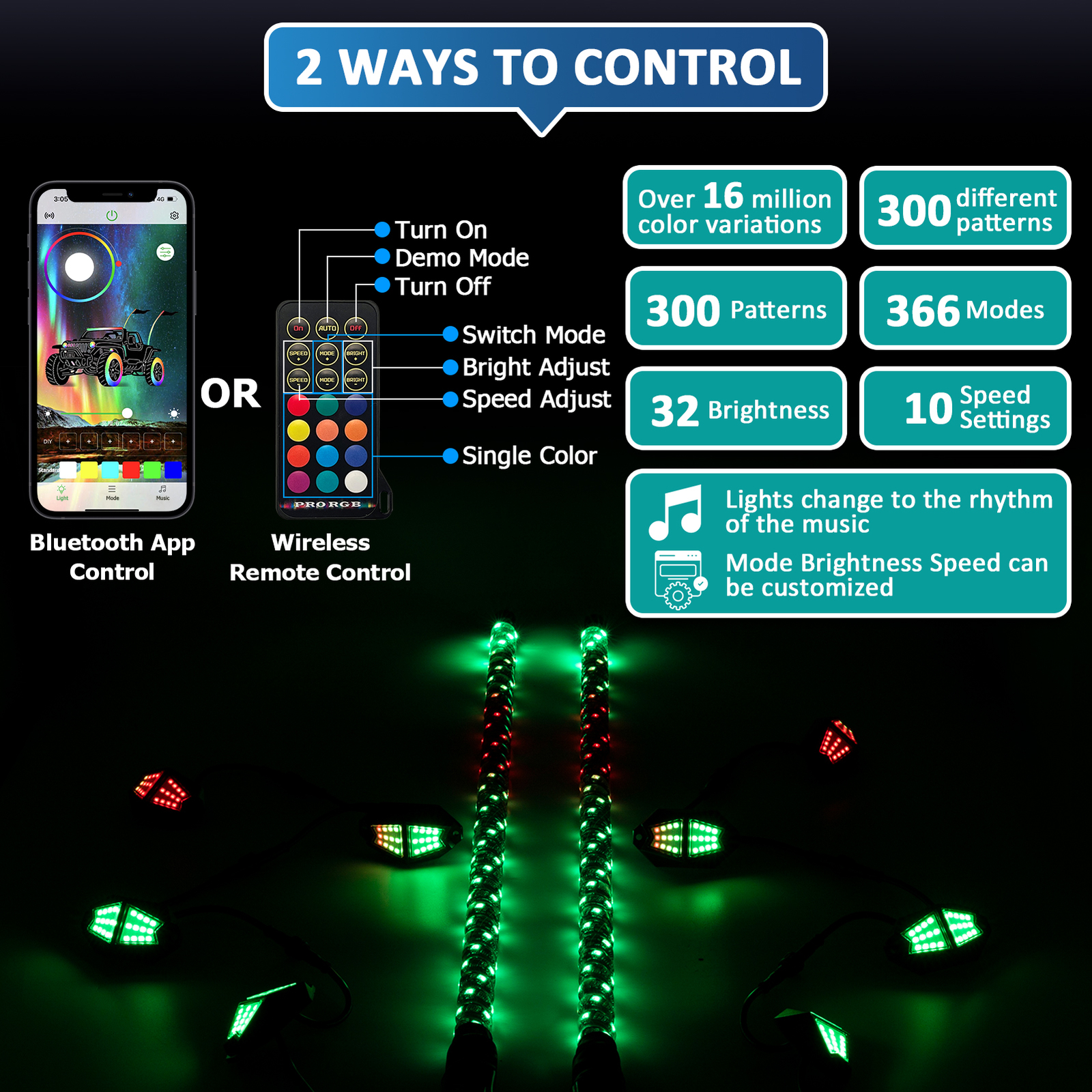 Pair 4FT Spiral RGB LED Lighted Whip Lights + 8 Pods Rock Light For ATV UTV RZR